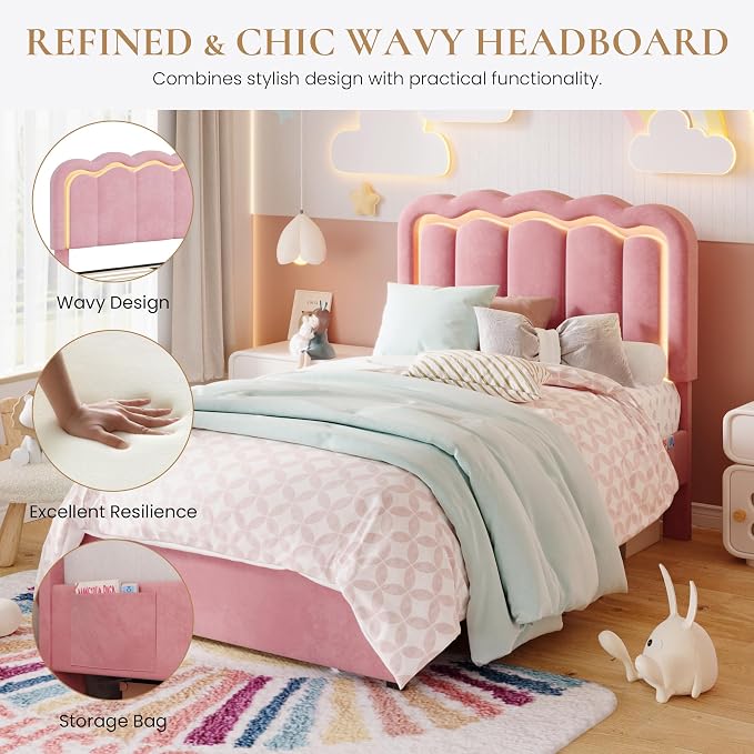 SHA CERLIN Twin Size Bed Frame with LED Lights and Storage Drawer, Pink | Upholstered Velvet Platform Bed with Adjuatable Wavy Headboard, Noise-Free, Easy Assembly,No Box Spring Needed