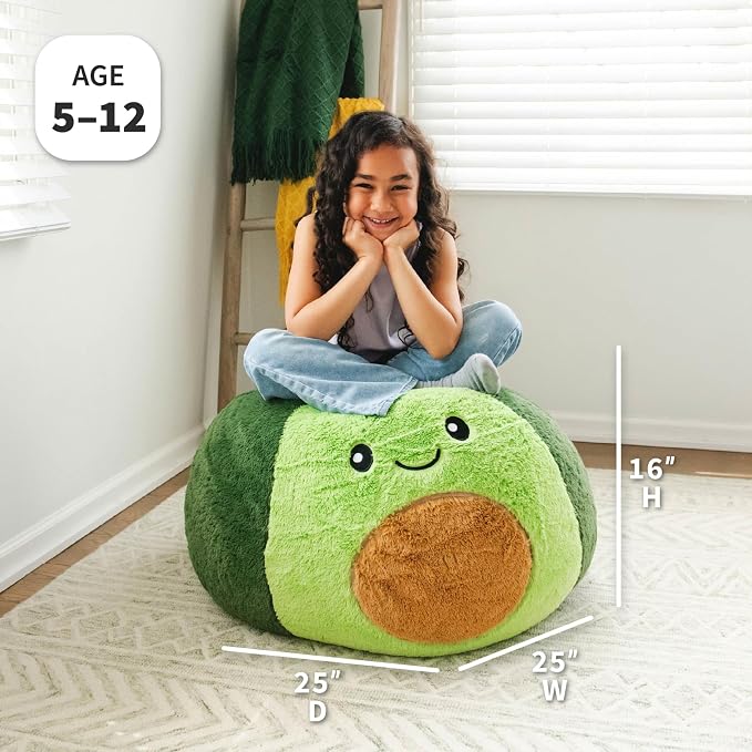 Big Joe Avocado PlushiPals Super Soft Bean Bag Chair for Kids, Ultra-Soft Plush Polyester Blend, 2.5 feet Refillable | 2.5 feet, Polystyrene Bean Filled, Refillable, Snuggle Puff, Safe for Kids Ages 3 and Up, Supports Up to 150 lbs