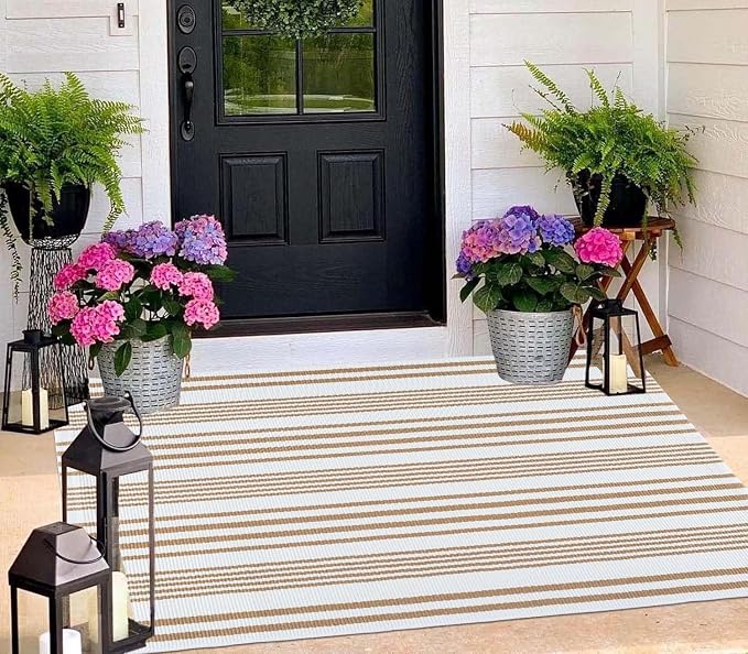 BUAGETUP Khaki and White Outdoor Rug 3'x 5' Hand-Woven Cotton Washable Rug Striped Front Porch Rug Indoor/Outdoor Area Rug Floor Mat for Farmhouse/Layered Door Mats/Living Room