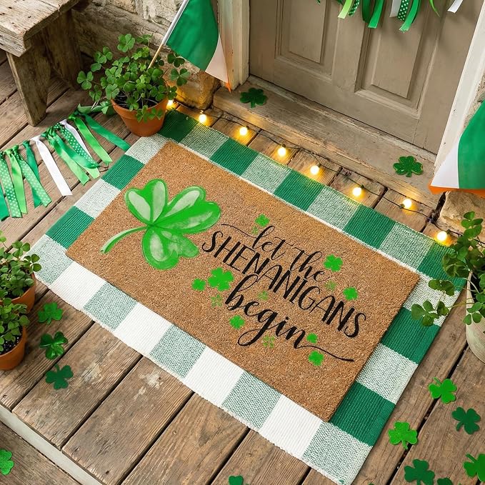 Moucuny 2 Pcs St. Patrick's Day Coir Door Mat Outdoor Rug Lucky Shamrock Welcome Outdoor Mat Green and White Buffalo Plaid Doormat for St. Patrick's Day Irish Front Door Porch Entryway Decor