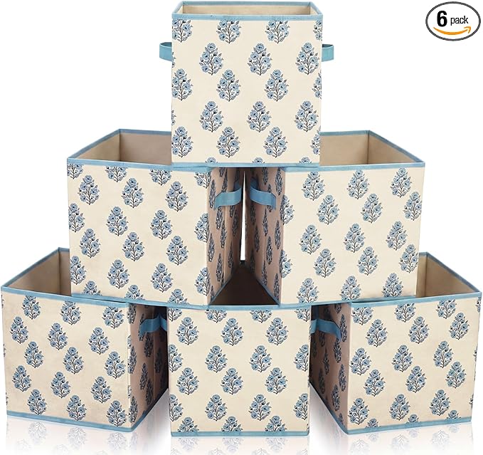 Bokon 6 Pcs 11 Inch Blue Block Print Floral Storage Bins Cube with Handles Blue Flower Fabric Storage Basket Bins Collapsible for Home Office Classroom Shelves Closets Clothes