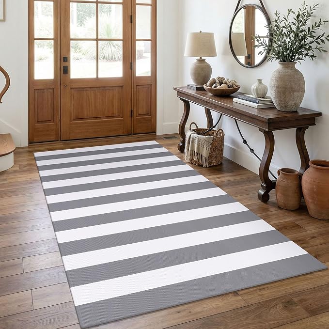 KOZYFLY 4x6 Striped Rug Front Door Rug Gray White Cotton Woven Washable Indoor Outdoor Rugs Entrance Layered Doormat for Front Porch Kitchen Patio Farmhouse