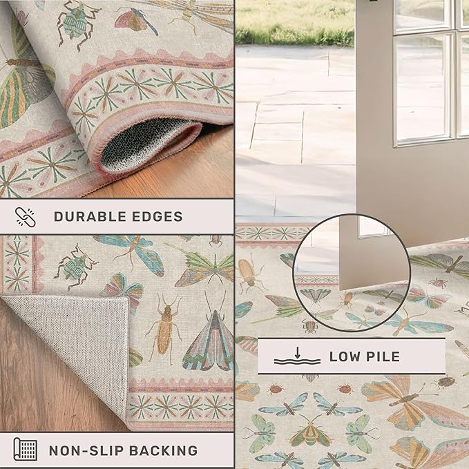 Insect Print 8ft Long Hallway Runner Rug - Light Green Rug for Kitchen Floor, 2'6''x8' Entryway Runner Rug, Washable Non Slip with Rubber Backing, Cool Butterfly Indoor Decor