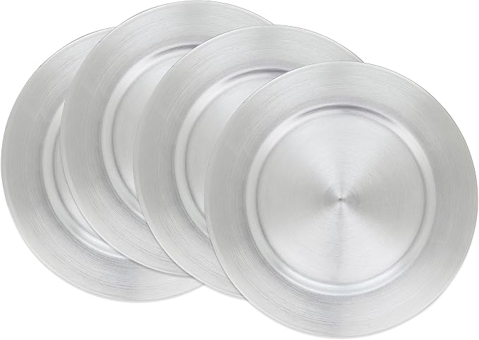 SARO LIFESTYLE Decorative Charger Plates, 13” Round Plastic Charger Plates, Set of 4 – Elegant Table Décor for Events, Weddings & Home Dining, Silver