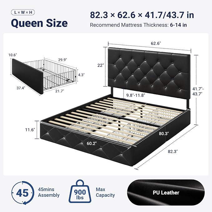 Allewie Upholstered Queen Size Platform Bed Frame with 4 Storage Drawers and Headboard, Diamond Stitched Button Tufted, Mattress Foundation with Wooden Slats Support, No Box Spring Needed, Black
