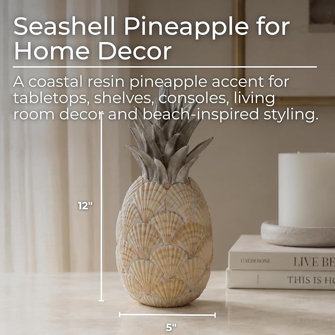 Sagebrook Home Unique 12" Seashell Pineapple Decorative Object, Polyresin Multi-Color Accent Piece for Home Elegance and Coastal Charm