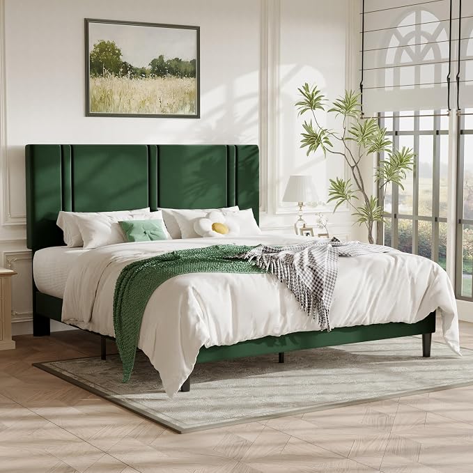 Allewie California King Size Platform Bed Frame with Adjustable Headboard | Plush Velvet Upholstered, Vertical Channel Tufted, Sturdy Wood Slats, No Box Spring Needed, Easy Assembly, Green