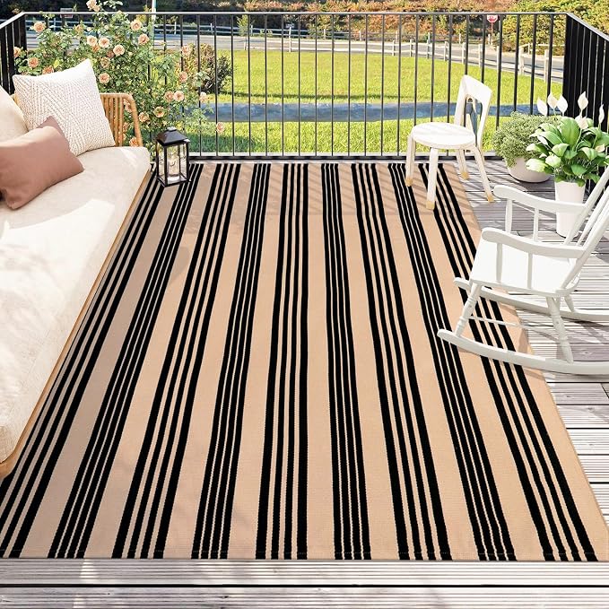Black and Tan Indoor Outdoor Rug 5x7ft, Cotton Striped Layering Rug Woven Large Patios Rug Washable Modern Area Rug Carpet for Farmhouse Bedroom Living Room Balcony Patio Backyard Decor