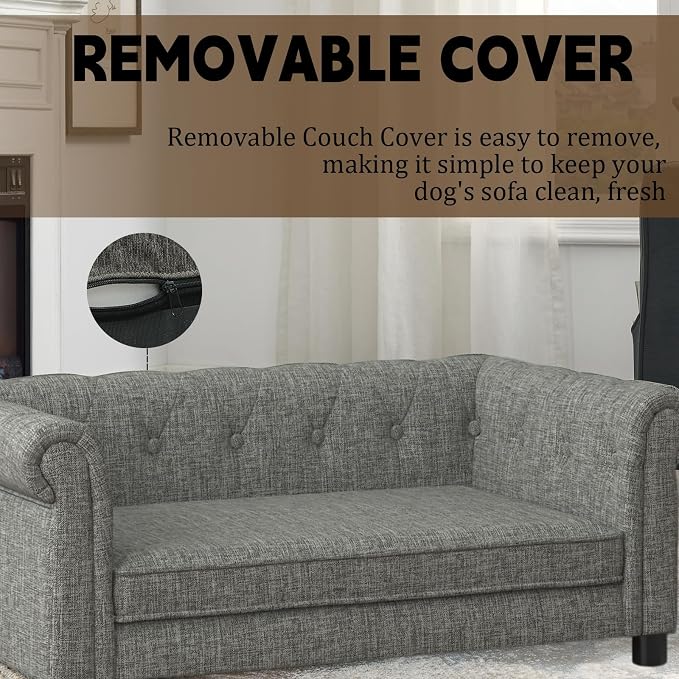 39" Dog Sofa Couch Bed for Small, Medium, Large Dogs,Memory Foam Pet Sofa with Removable Cover, Comfortable Pet Couch with Backrest and Armrests, Easy to Clean and Maintain（Light Grey）