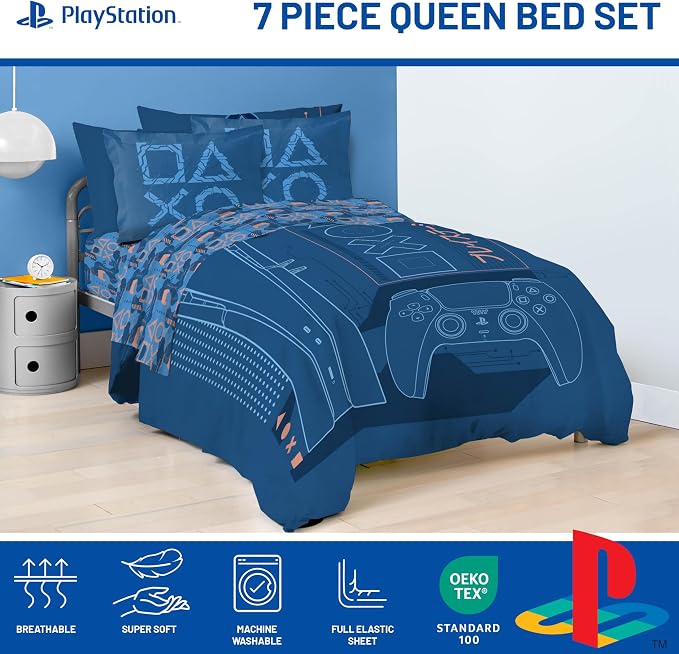 Jay Franco Kids Bed Set, Blue, PlayStation, 7 Piece Queen | Cozy Soft Bedding for Stylish Room Décor with Comforter, Sheets & Pillow Covers