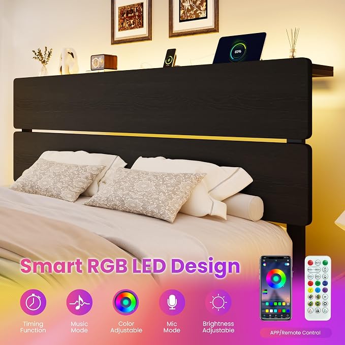 SHA CERLIN King Size Bed Frame, Led Light, Charging Station, Storage Shelf | Wooden Headboard, Heavy Duty Slats Support, Metal Platform Bed, Under Bed Storage, No Box Spring Needed, Noise Free, Black