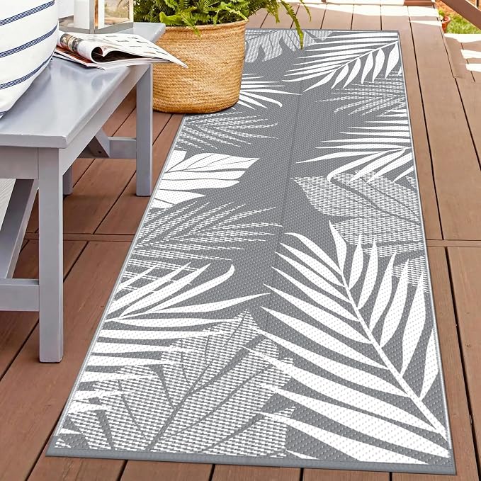 GENIMO Outdoor Rug, Waterproof Plastic Runner Rugs, 2.5'x8' Grey White | Outside Leaf Carpet Mat for Patio Decor, Porch, Deck, Balcony, Camping, RV, Picnic, Beach, Reversible, Foldable, Lightweight