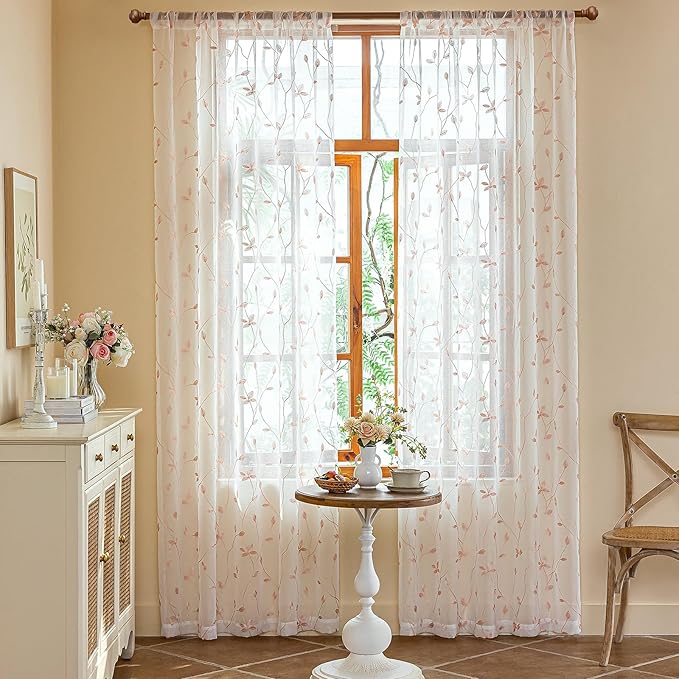 AmHoo 2 Panels Embroidered Leaf Pattern Semi Sheer Curtains Foliage Floral - Image 2