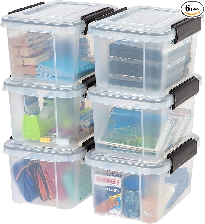 IRIS USA 6-Pack 6 Qt Storage Bins with Gasket Lids, Clear/Black | WeatherPro seal protects shoes, crafts, documents and supplies from dust and moisture