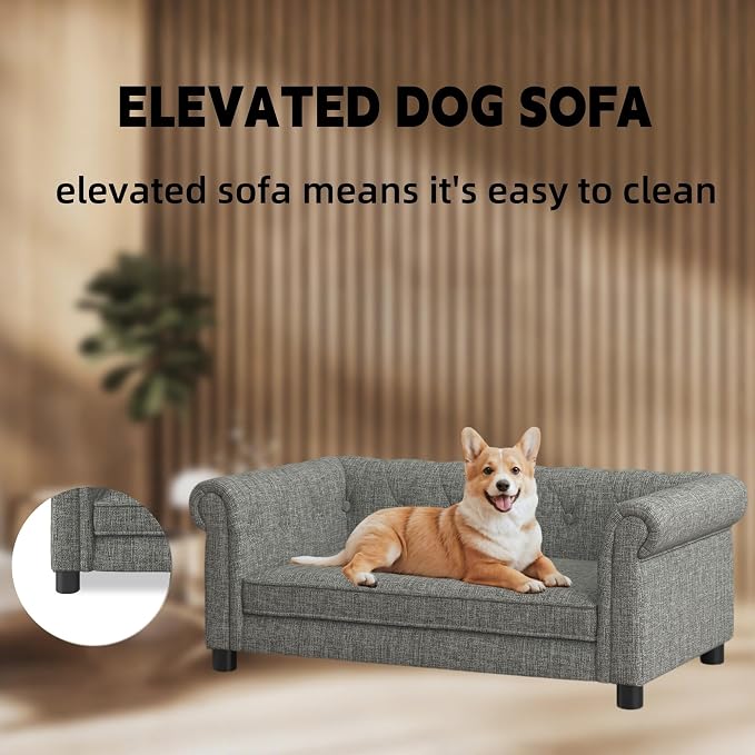 39" Dog Sofa Couch Bed for Small, Medium, Large Dogs,Memory Foam Pet Sofa with Removable Cover, Comfortable Pet Couch with Backrest and Armrests, Easy to Clean and Maintain（Light Grey）