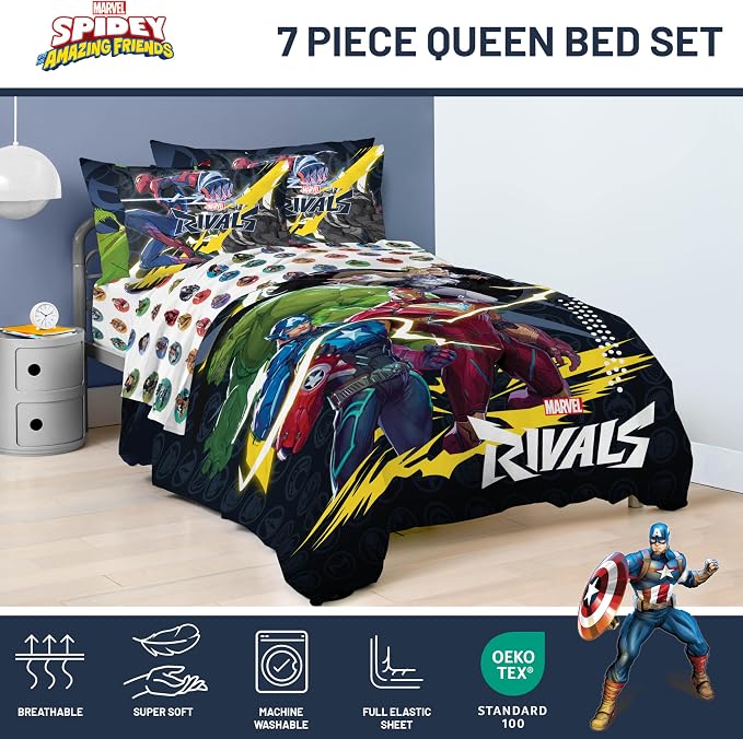 Marvel Rivals Queen Comforter Set 7 Piece Soft Bedding for Boys, Multi | Avengers, Comforter Sheets Shams Pillowcases, Official Product, Soft Microfiber, Machine Washable, Boys Gift
