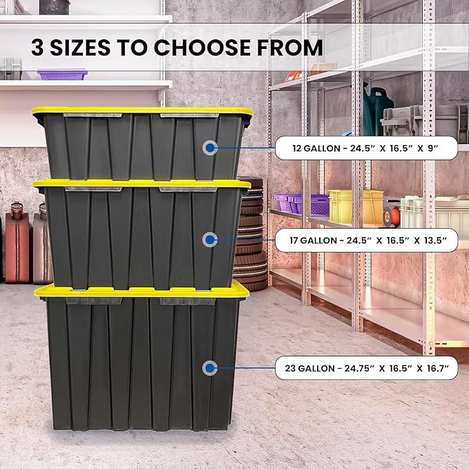 8 PACK of 12 Gallon Medium Black & Yellow Storage Bins | Plastic Tote Organizing Container with Secure Latching Lids, Stackable, Extra Strength with Built in Handle | 24.5" x 16.5" x 9"