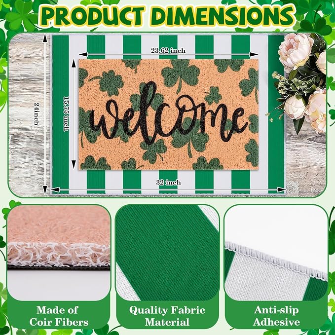 2 Pcs St. Patrick's Day Doormat Shamrock Pattern Welcome Door Mat Non Slip Coir Mat White & Green Striped Layering Mat for St. Patrick's Day Front Door Porch Entryway Decor 23.6 x 31.5 Inch