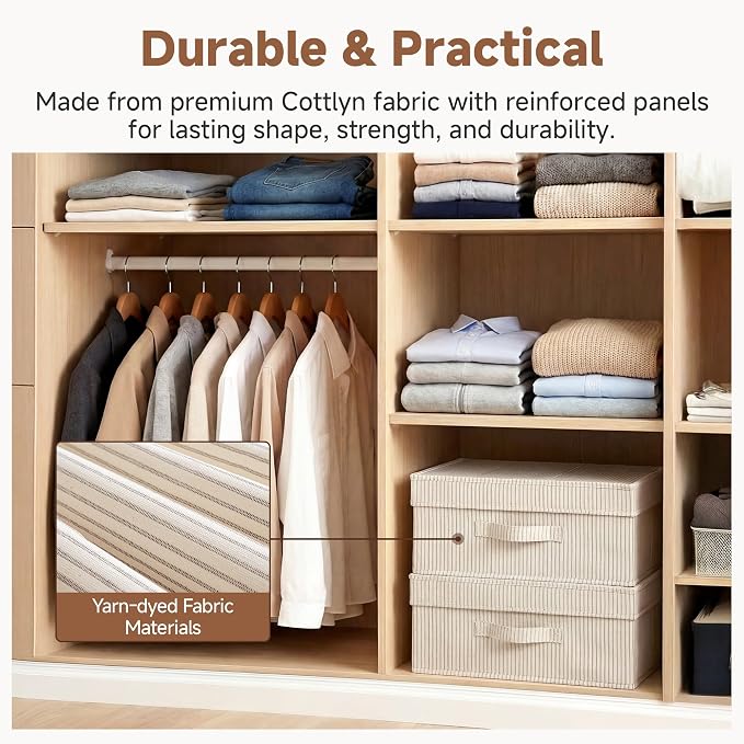 StorageWorks Storage Bins with Lid, Decorative Fabric Storage Bins with Handles, Stackable Closet Organizers for Shelves and Bedroom, Small, Khaki and Beige Stripes, 2-Pack