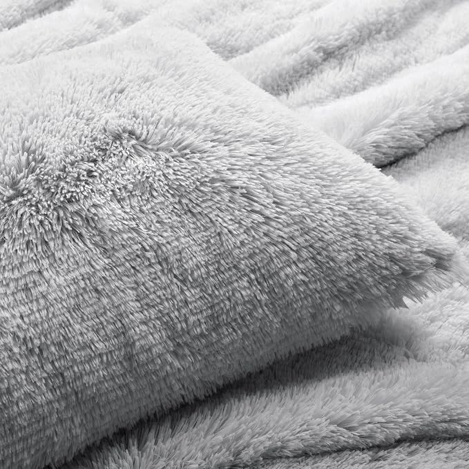Lush Decor Emma Soft Fluffy Faux Fur Kids College Dorm Oversized Comforter Set, Twin-XL, Light Gray - Warm Plush 2 Piece Bedding Set