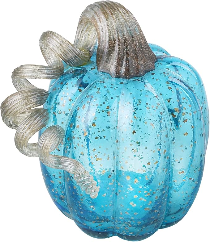 Glitzhome Decorative Hand Blown Glass Pumpkin Figurine, 6.1" H, Blue