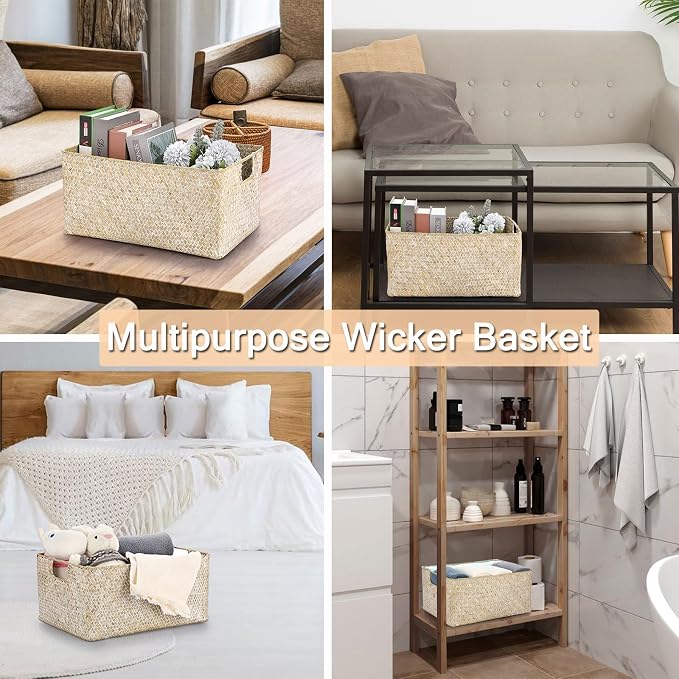 Hipiwe Wicker Shelf Baskets Seagrass Storage Opened Baskets Bin with Handle | Rectangular Closet Bedroom Basket Organizer Box, Multipurpose Woven Basket Home Organizer, Whitewash 14.6"x 10.6" x 7"