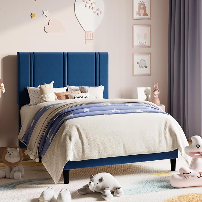 Allewie Twin Size Platform Bed Frame with Adjustable Headboard | Plush Velvet Upholstered, Vertical Channel Tufted, Sturdy Wood Slats, No Box Spring Needed, Easy Assembly, Blue