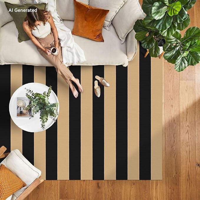 IOHOUZE Black Tan Striped Rug 4x6 Ft Front Door Mats Outdoor, Washable Rug for Front Porch Decor, Spring Summer Welcome Mats Outdoor Indoor, Doormat for Farmhouse/Entryway/Home Entrance