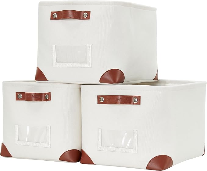 DECOMOMO Storage Bins, Fabric Storage Baskets for Shelves | 3 Pack Linen Closet Organization (Creamy White, Large)