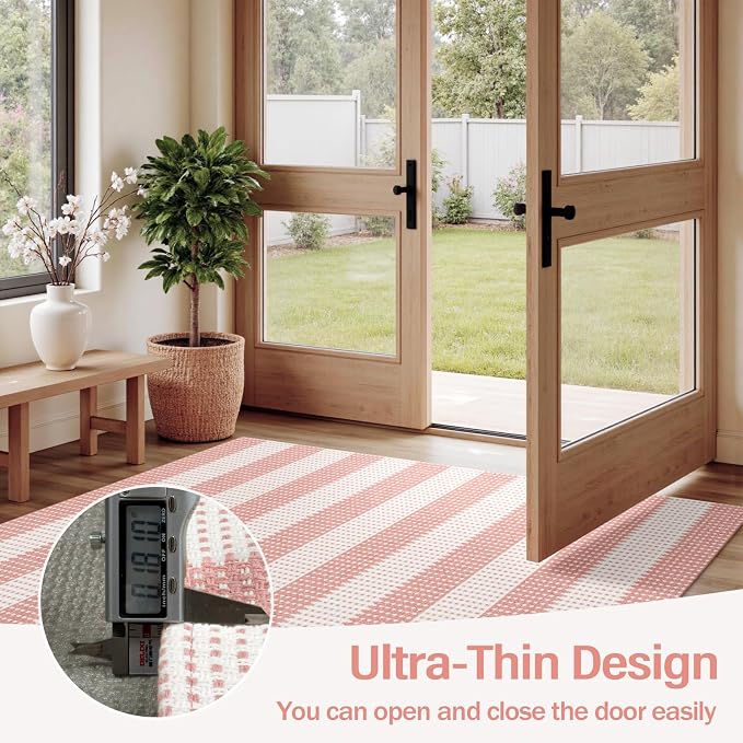 Rugalia Washable Pink Woven 5x7 Area Rug, Natural Striped Cotton Living Room Rugs Low Plie Non-Slip Outdoor Patio Rug, Modern Farmhouse Neutral Floor Carpet for Dining Room Bedroom Balcony