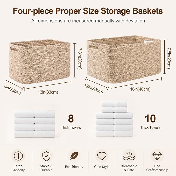 OIAHOMY 4 Pack Storage Baskets for Organizing, Cube Storage Bins for Shelves, Rectangle Storage Baskets With Handles, Woven Baskets for Storage, 12.7''Lx9''Wx7.8''H, White