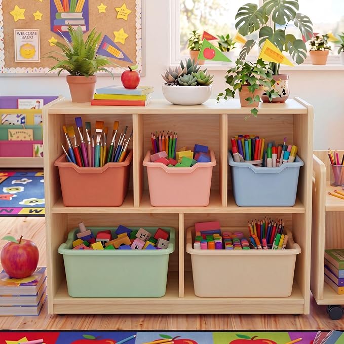 Novabright 12 Pcs Plastic Book Bins for Classroom, Back to School Supplies Library Cubby Bins Scoop Front Stackable Toy Storage Tubs Colorful Containers for Office Home Nursery Playroom Organization