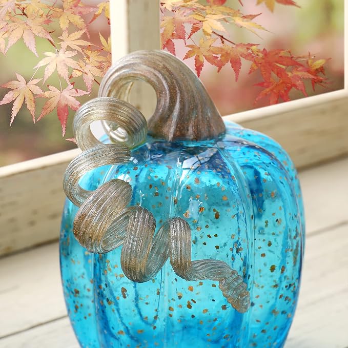 Glitzhome Decorative Hand Blown Glass Pumpkin Figurine, 6.1" H, Blue