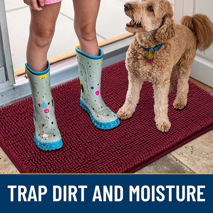 Smiry Dog Door Mat for Muddy Paws 40x32, Absorbent Dirt Trapper, Non-Slip Washable Chenille Entryway Rug for Inside Floor, Burgundy, Classic Solid