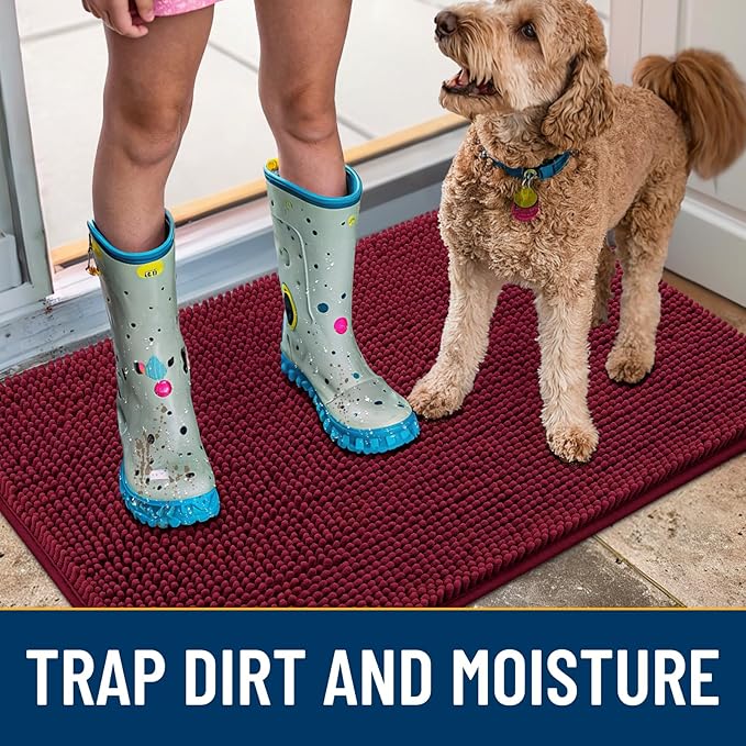 Smiry Dog Door Mat for Muddy Paws 47x24, Absorbent Dirt Trapper, Non-Slip Washable Chenille Entryway Rug for Inside Floor, Burgundy, Classic Solid