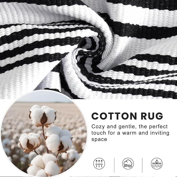 OLANLY Black White Modern Striped Rug 2' x 4'3" (24" x 51") – Washable Cotton Indoor Outdoor Doormat for Front Door, Entryway, Kitchen, Porch, Patio Decor