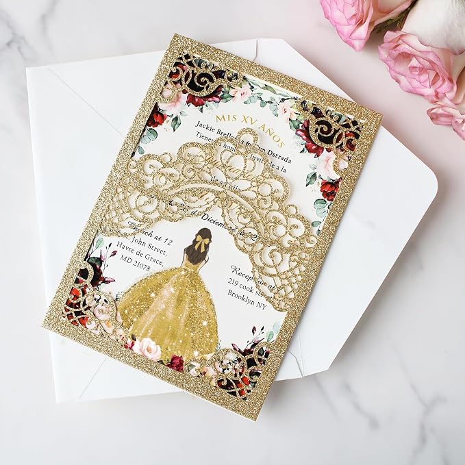 Hosmsua 50PCS Personalized Gold Glitter Quinceanera Invitations Kit, 5.1x7.3 Inch Laser Cut Floral Crown Pocket Quinceanera Invitation Cards with Envelopes for Birthday Quince Anos Invite