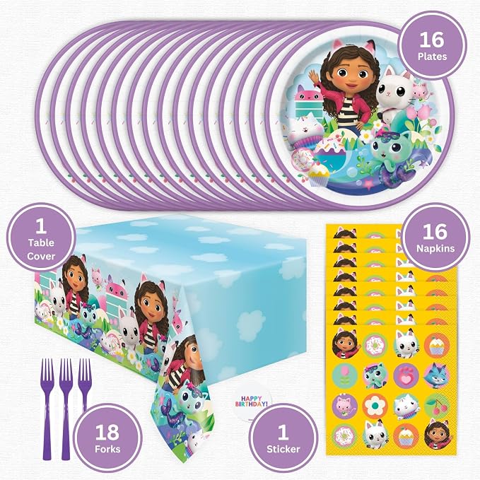 Gabby Dollhouse Party Decorations - 16 Plates, Napkins, Table Cover, Forks, Sticker - Gabby Dollhouse Birthday Decorations - Officially Licensed
