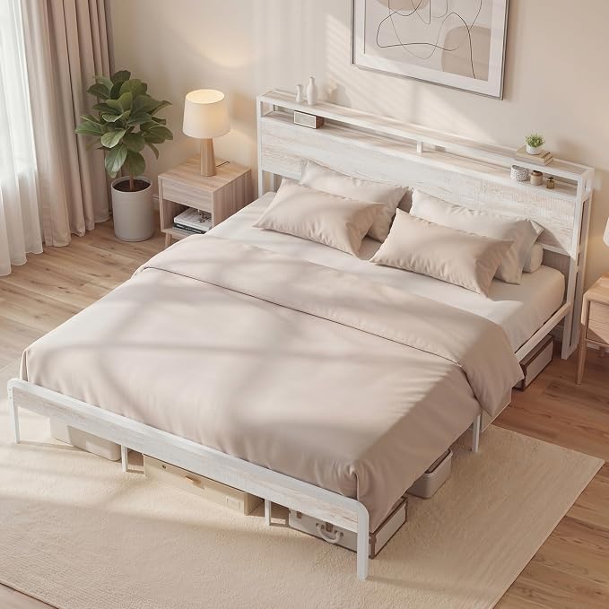LIKIMIO King Size Bed Frame with 2-Tier Storage Shelf Headboard | Wood Platform Bed, Camas King with Strong Metal Supports, Sturdy, Noise-Free, No Box Spring Needed, White Maple