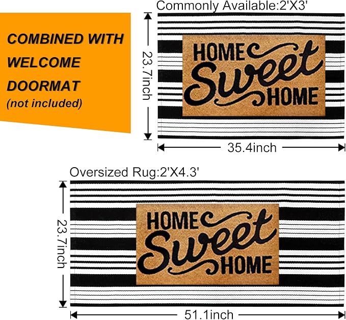 LEEVAN 2'X3' Black and White Striped Woven Cotton Reversible Outdoor Rug | Small Machine Washable Front Porch Rug, Entryway Door Mat, Indoor Layering Carpet for Farmhouse Bathroom Laundry