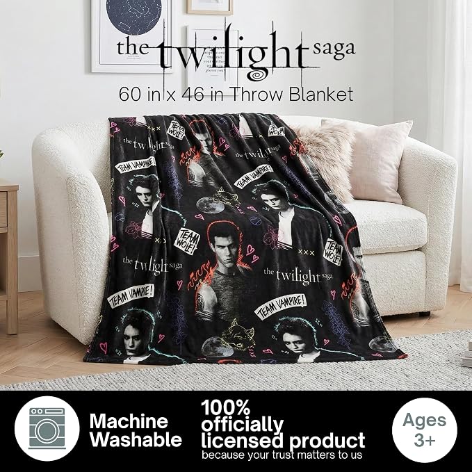 Twilight The Saga Throw Blanket, Super Soft Cozy Plush Bedding, 60" x 46", Team Jacob Team Edward (Officially Licensed Product) by Franco Collectibles