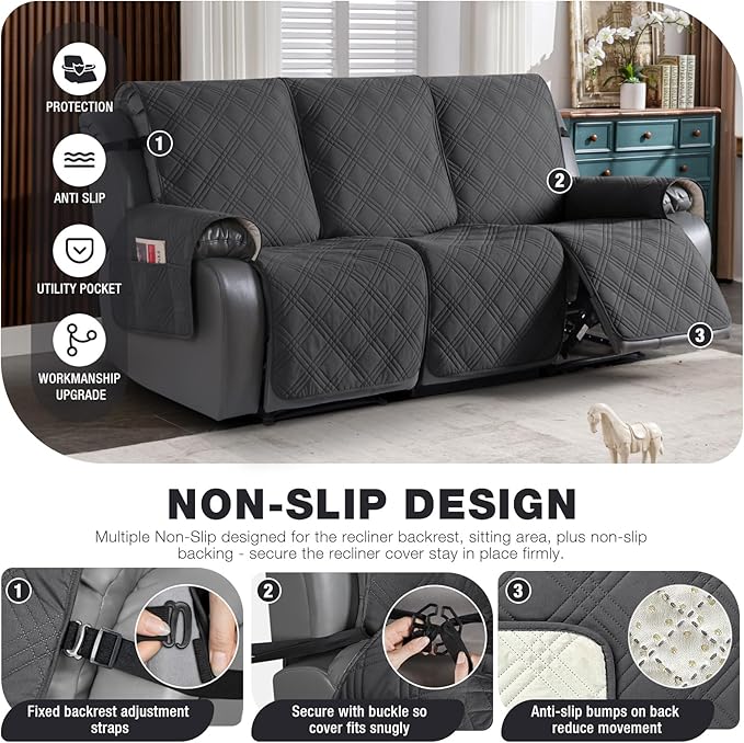 TAOCOCO 100% Waterproof Recliner Sofa Cover, Non Slip Split Couch Covers for Reclining Couches with Elastic Straps, Reclining Sofa Cover Furniture Protector for Kids Pets(3 Seater, Charcoal Gray)