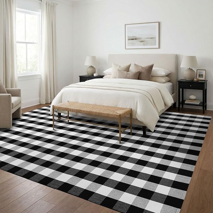 KILOCOCO Buffalo Plaid Checkered Rug 7.5x10 ft Black White Living Room Rug | Machine Washable Rug for Porch Patio, Indoor Outdoor Rugs, Cotton Dining Room Carpet, Low Pile Farmhouse Bedroom Rug