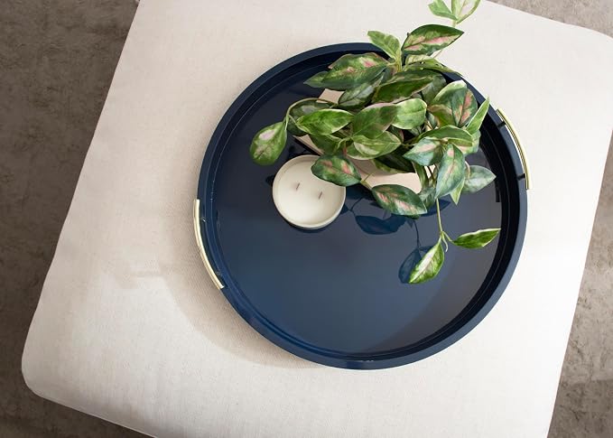 Kate And Laurel Lipton Modern Round Ottoman Tray; 22 Inch Diameter; Navy and Gold; Decorative Circle Coffee Table Tray for Living Room Decor or Large Serving Tray