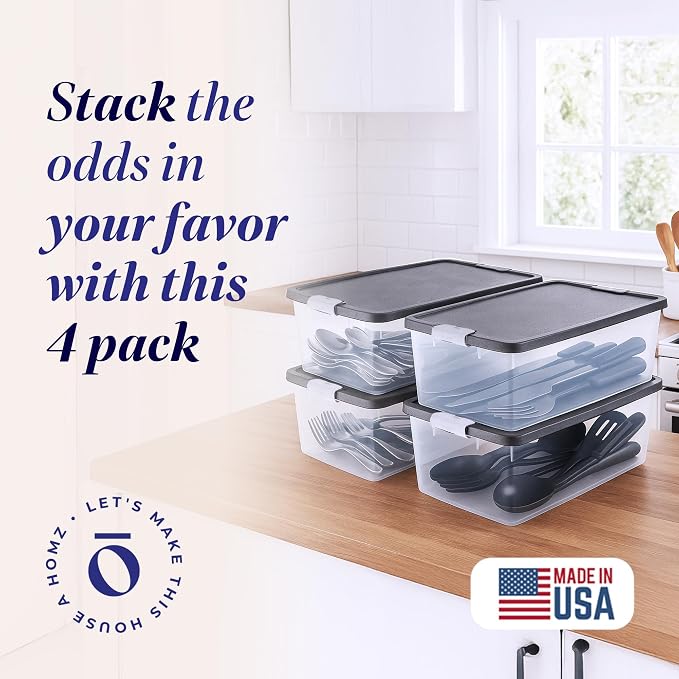 HOMZ Clear Plastic Storage Bins with Snaplock Secure Latching Lids | Easy Grip Handles | Stackable & Nestable Organizing Totes | Grey Lid | 15 Quart, Pack of 4