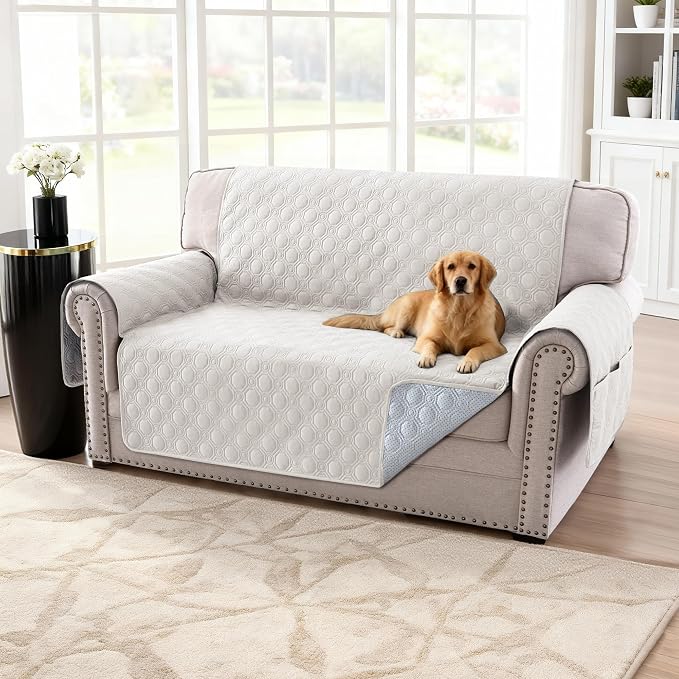 H.VERSAILTEX 100% Waterproof Loveseat Covers Thick Durable Couch Covers for Dogs Triple Non-Slip Couch Protector Sofa Covers for Pets Washable(Loveseat, Beige)