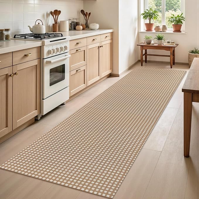 Rugalia Washable Woven Hallway Runner Rug, 2x8 Camel Cotton Rug Runners for Entryway Non-Slip Long Kitchen Mat, Modern Natural Plaid Indoor Outdoor Throw Runner Carpet for Porch Bedroom