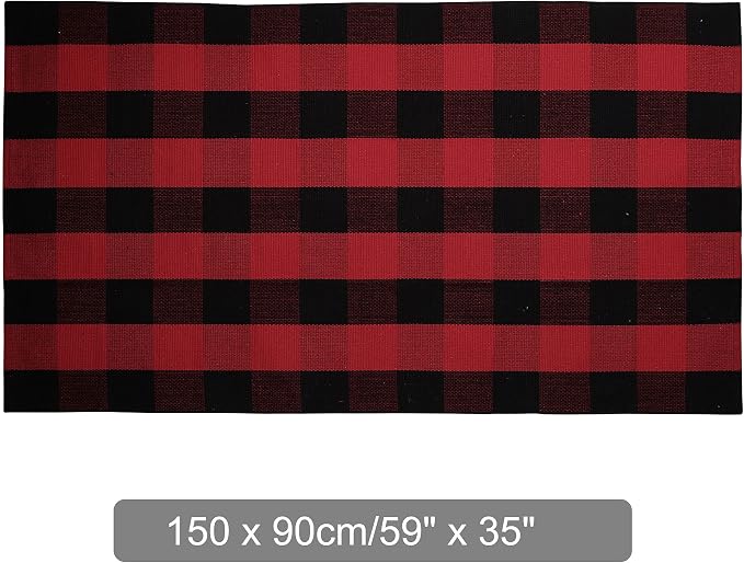 uxcell Buffalo Check Rug,Plaid Outdoor Rug,Layered Door Mat,Cotton Gingham Rugs,Floor Mat for Front Porch/Runner/Bedroom/Kitchen/Farmhouse 59"x35" Red & Black
