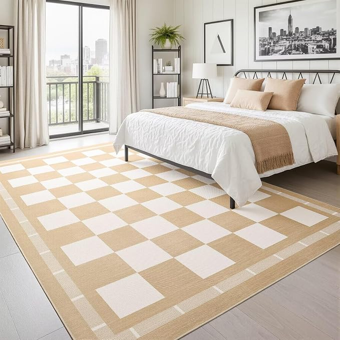 Vasofe Checkered Jute Outdoor Rug, 6x9 ft Rugs for Living Room Dining Room | Large Indoor Outdoor Farmhouse Carpet, Checkerboard Patio Office Mat Geometric Non Slip Carpet for Backyard, Khaki and White