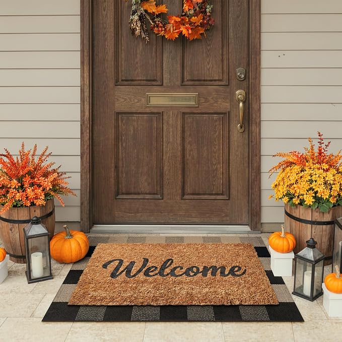 KIMODE Front Door Mat 24"x35",Black and Tan Checkered Small Outdoor Rug,Farmhouse Fall Front Porch Rug Decor,Cotton Woven Washable Layered Doormats for Front Door Outside Entrance Kitchen